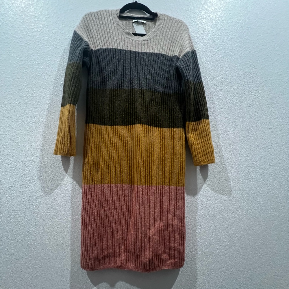 Madewell Cream and Gray Ribbed Long Sleeve Sweater Dress